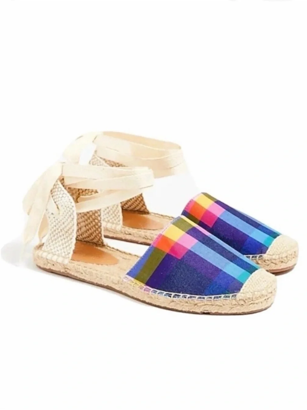SALE J.Crew D'Orsay Espadrille Plaid Madras Sandals Rainbow Lace-Up | NWOT 9.5
